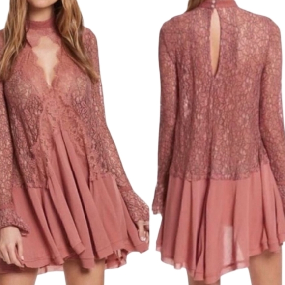 Free People Tell Tale Tunic Dress Dusty Mauve Lace Long Sleeve Size Small NWT - Picture 1 of 15